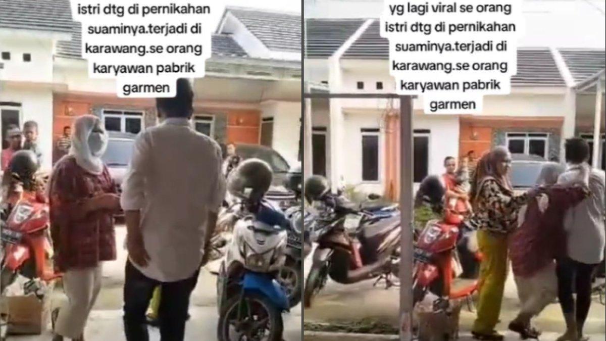 Wanita berteriak memanggil-manggil mempelai yang sedang berada di dalam rumah.