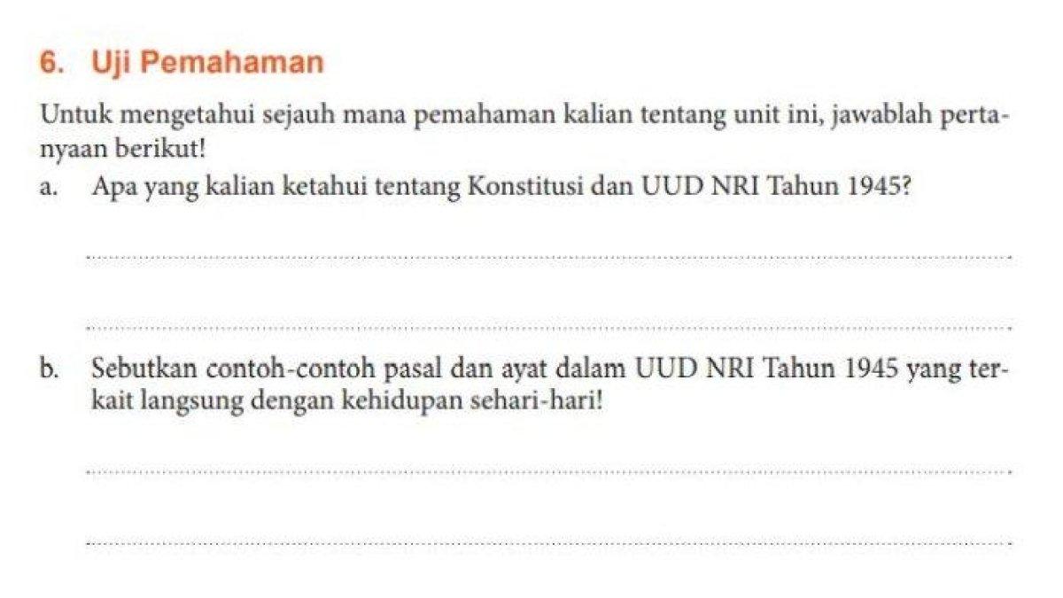 Berikut kunci jawaban PKN kelas 10 halaman 75 76 Kurikulum Merdeka, Uji Pemahaman Unit 1 Bagian 2.