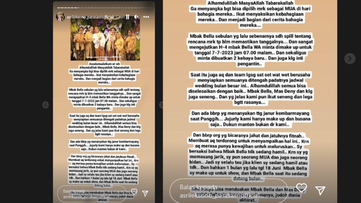 MUA pernikahan Bella Bonita dan Denny Caknan angkat bicara terkait isu hamil duluan.