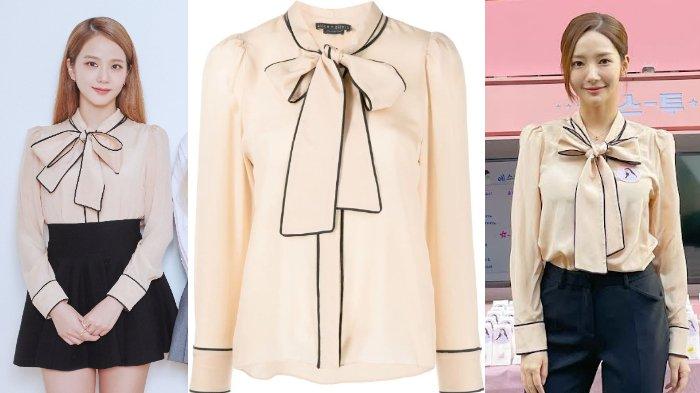 Jisoo BLACKPINK dan Park Min Young sama-sama mengenakan blouse cokelat
