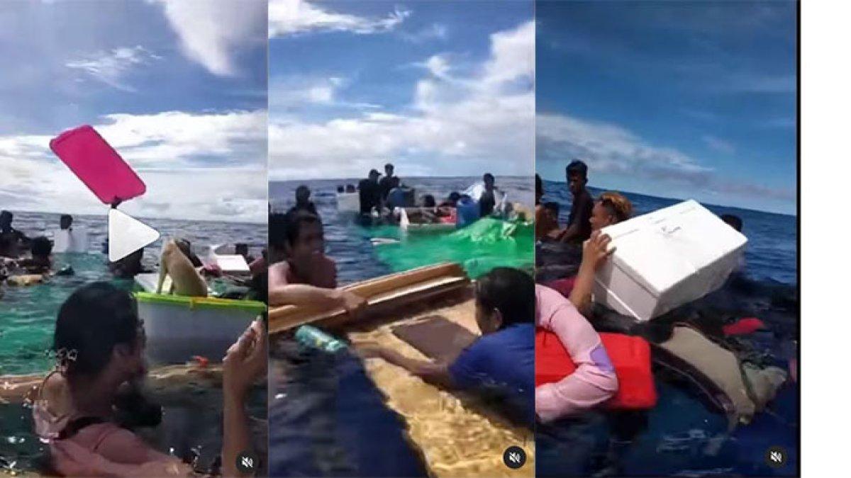Para penumpang mengapung dengan alat seadanya