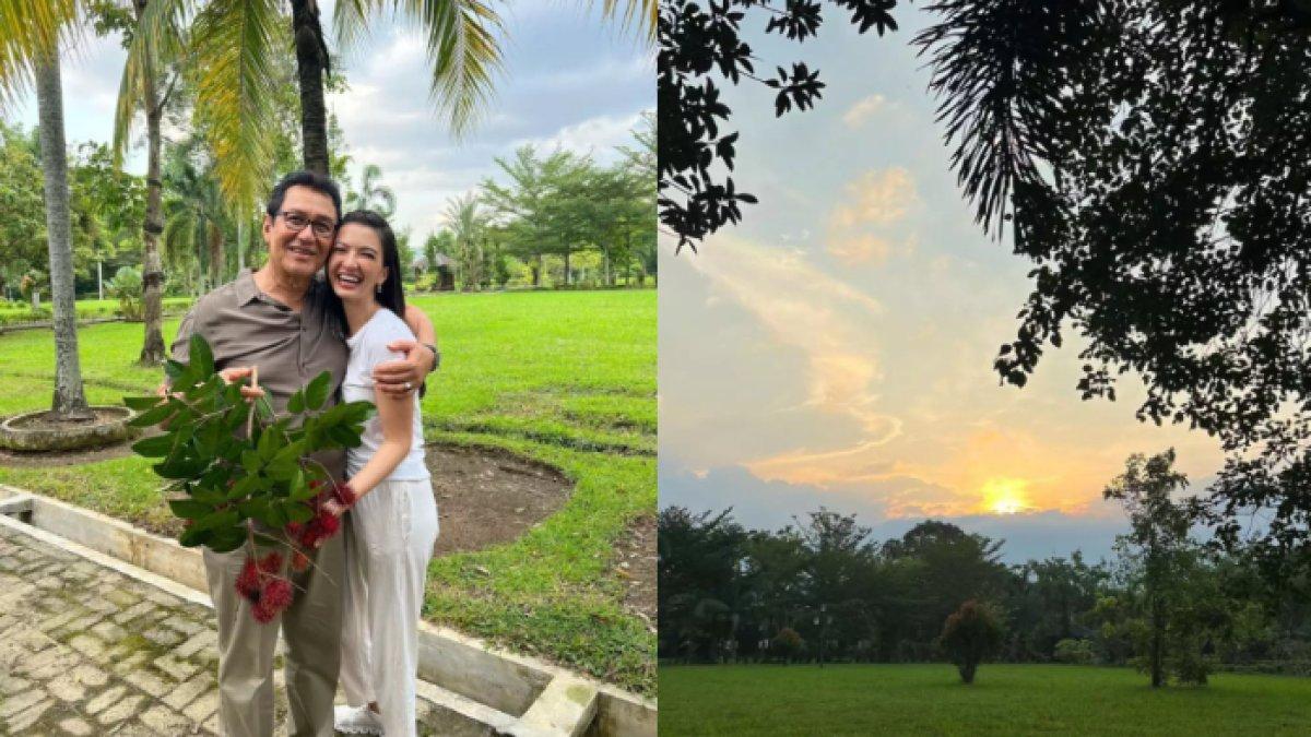 Raline Shah berpose dengan sang ayah sedang memetik rambutan dari halaman rumah