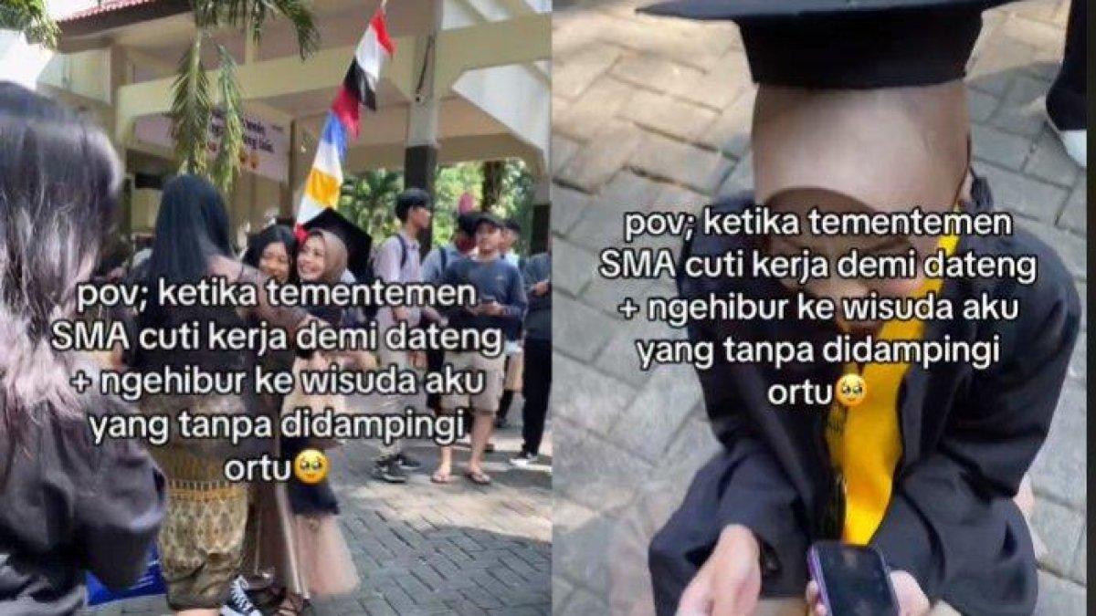 Seorang mahasiswi Universitas Negeri Semarang (Unnes) menangis haru saat wisuda