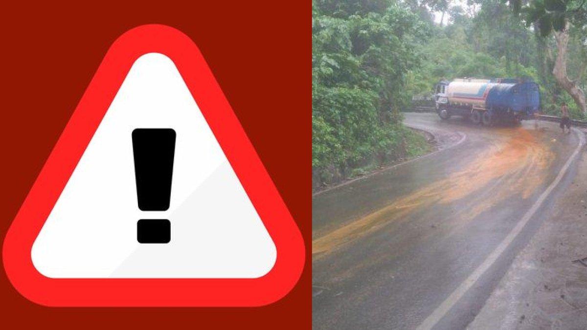 Truk pengangkut minyak CPO yang tumpah di kawasan Gunung Kulu, Aceh Besar.