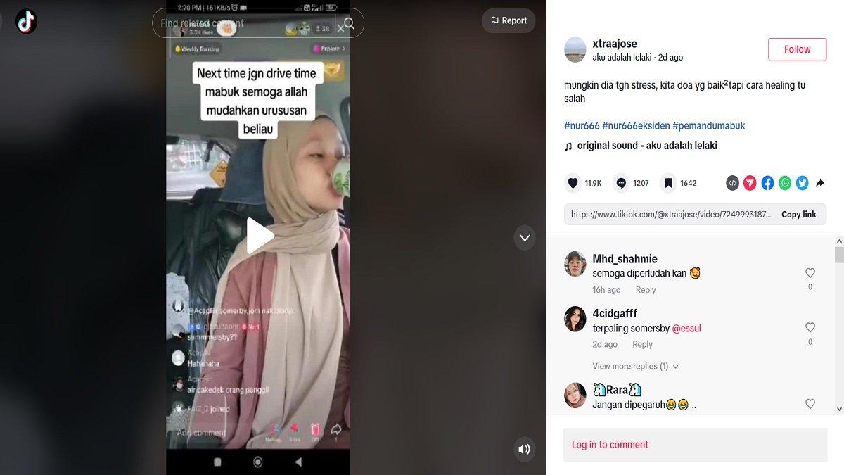 Viral video wanita berkerudung live di aplikasi TikTok mabuk minum alkohol sambil mengendarai mobil.