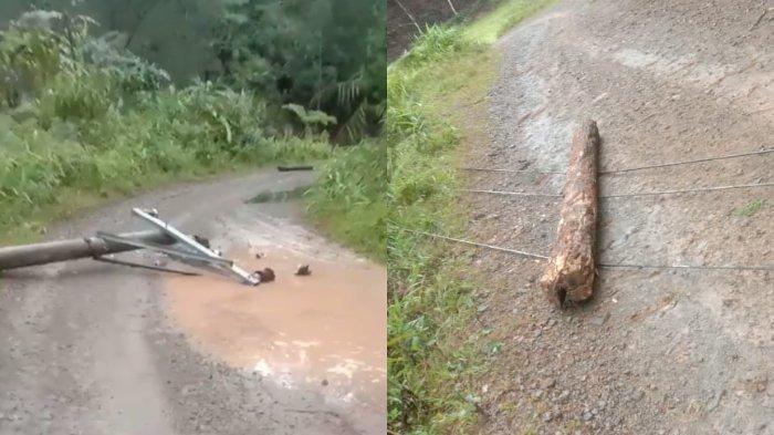 Kolase tiang listrik yang tumbang di Desa Saluaho, Kecamatan Mehalaan, Mamasa, Sulbar, akibat hempasan angin puting beliung, Minggu (15/10/2023).