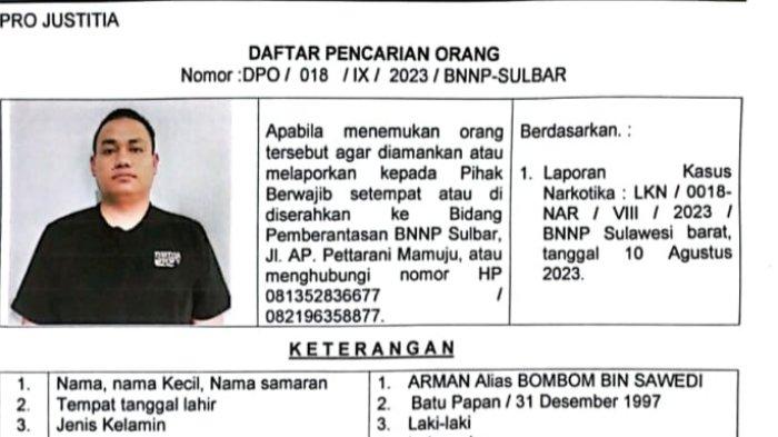 Data BNNP Sulbar pencarian orang, Arman alias Bombom kabur dari rutan, Jumat (22/9/2023).