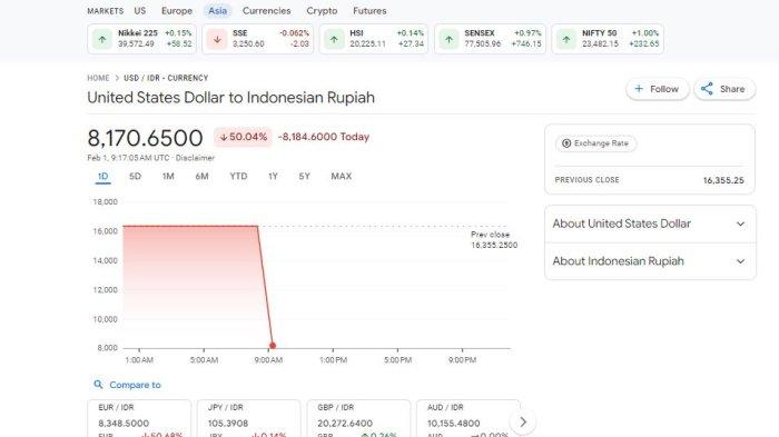 DOLAR ANJLOK - Tankapan layar penampakan kurva Google Finance menunjukkan penurunan nilai tukar Dolar ke Rupiah yang anjlok hingga Rp 8.170, pada Sabtu (1/2/2025) sekira pukul 17.00 WIB.