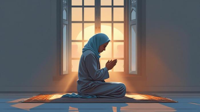 DOA - Ilustrasi gambar perempuan sedang berdoa di pagi hari agar semua urusan lancar dan diberita keselamatan