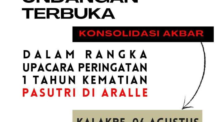 Pamflet undangan terbuka pihak keluarga koban di Aralle, Kecamatan Aralle, Kabupaten Mamasa, Sulbar.