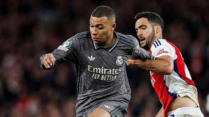 MBAPPE DIJAGA - Pemain Real Madrid Kylian Mbappe dalam penjagaan ketat pemain Arsenal pada pertandingan leg pertama perempat final Liga Champions 2024/2025 di Stadion Emirates. asib Real Madrid apes setelah ditumbangkan Arsenal dengan skor 2-1 di Satadion Santiago Bernabeu, Spanyol, Kamis (17/4/2025) dini hari WIB.