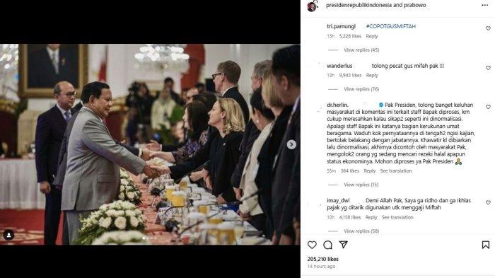 Unggahan Presiden Prabowo Subianto yang ramai diwarnai komentar untuk memecat Gus Miftah dari jabatan Utusan Khusus Presiden, Selasa (3/12/2024).