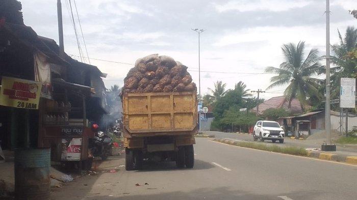 Sebuah truk dengan muatan sawit sedang terparkir di pinggir jalan raya di Mamuju Tengah