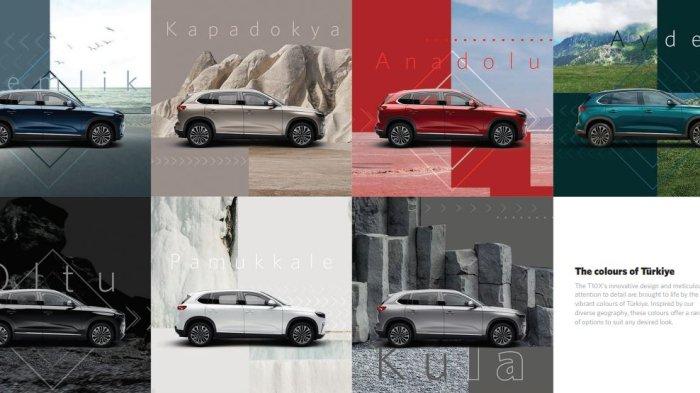 MOBIL LISTRIK TOGG - Tujuh variasi warna Togg T10X, mobil listrik buatan Turkiye yang diberikan sebagai hadiah dari Presiden Turkiye Reccep Erdogan untuk Presiden Prabowo Subianto, Rabu (12/2/2025).