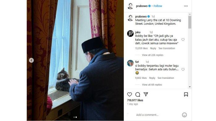 Unggahan Presiden Prabowo Subianto saat bertemu dengan kucing terkenal Larry the Cat di kantor PM Inggris, Downing Street No. 10, Westminster, London, Inggris, Jumat (21/11/2024).