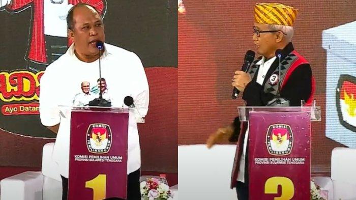 Calon Gubernur Sulawesi Tenggara, Lukman Abunawas, dan Ruksamin, saat debat kandidat Pemilihan Kepala Daerah atau Pilkada Sultra disalah satu hotel berbintang di Kota Kendari, pada Sabtu (23/11/2024) malam.