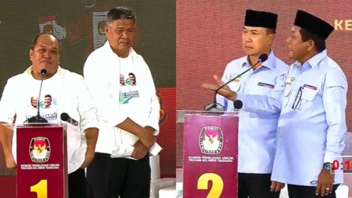 Calon Wakil Gubernur Sulawesi Tenggara (Sultra), Hugua, pendamping Andi Sumangerukka menanyakan terkait strategi pascatambang ke calon Gubernur Sultra Ruksamin yang didampingi pasangannya LM Sjafei Kahar saat debat kandidat Pilkada Sultra 2024, pada Sabtu (23/11/2024) malam.