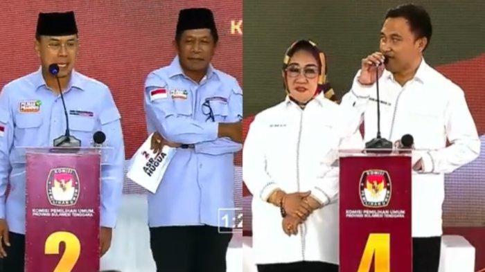 Calon Gubernur Sulawesi Tenggara Tina Nur Alam dan pasangannya LM Ihsan Taufik Ridwan serta pasangan Andi Sumangerukka dan Hugua saat debat kandidat Pemilihan Kepala Daerah atau Pilkada Sultra 2024.