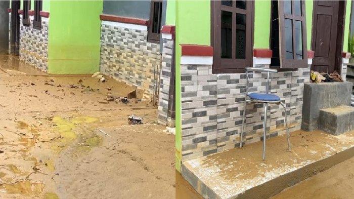 BANJIR KENDARI 2025 - Kolase foto seorang warga perumahan Puri Taman Kendari Sulawesi Tenggara (Sultra) Ari menceritakan keresahannya saat hujan deras melanda. Potret salah satu rumah Puri Taman Kendari yang terdampak banjir.