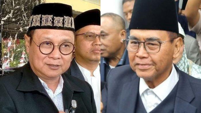Pimpinan Pondok Pesantren Al Zaytun Indramayu, Panji Gumilang (kanan), dan Ketua Tim Pengkajian dan Penelitian MUI Pusat Firdaus Syam soal polemik Ponpes Al Zaytun Indramayu yang berlokasi di Desa Mekarjaya, Kecamatan Gantar, Kabupaten Indramayu, Provinsi Jawa Barat (Jabar).