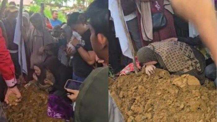 BALITA KEBAKARAN KENDARI - Sosok ibu 2 balita korban kebakaran tragis di Kota Kendari, Sulawesi Tenggara (Sultra), tak kuasa menahan tangis saat pemakaman anaknya. Selain ibunya SA (23), kesedihan terpancar dari wajah sang ayah, AR, yang tampak menggendong jasad kedua anaknya yang terbungkus kain kafan putih dalam satu balutan kain sarung berwarna ungu. Balita korban kebakaran AZP (1) dan ANP (3) dimakamkan dalam satu liang lahat di Taman Pemakaman Umum (TPU) Punggolaka, Kecamatan Puuwatu, Kota Kendari, pada Rabu (07/05/2025) pagi.