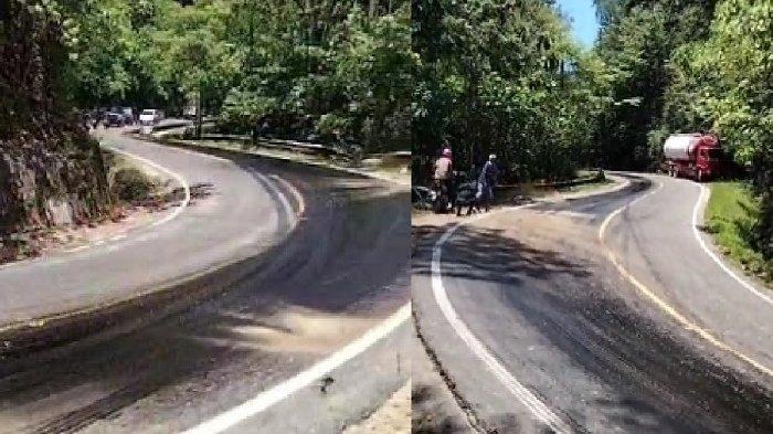 Terjadi tumpahan solar di sepanjang jalan yang berada di Lalona Kecamatan Amonggedo Konawe, Kamis (21/9/2023). Solar tersebut tumpah di jalan menanjak serta berkelok. Pengendara yang lewat pun terlihat menurunkan kecepatan kendaraanya dan mengambil jalur sebelah kanan yang tidak tertumpahi solar.
