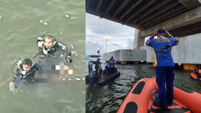JEMBATAN TELUK KENDARI – Kolase foto detik-detik jasad pria berinisial EG (23) ditemukan oleh tim penyelam Basarnas Kendari, TNI AL, dan Polairud Polda Sultra pada Selasa (27/5/2025) di kolong Jembatan Teluk Kendari, Sulawesi Tenggara (Sultra). Saat ditemukan, korban mengenakan kaus hitam lengan pendek dengan kondisi badan kaku.