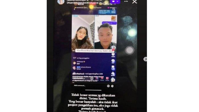 Setelah beberapa hari diam, selebgram Rachel Vennya akhirnya berbicara melalui saluran ekslusifnya.   Ia membantah bahwa kabar mengenai perselingkuhan mantan pacarnya, Salim Nauderer adalah gimik semata.   Selain itu, ia juga menampik bahwa dirinya mengikuti proyek pengalihan isu yang saat ini juga tengah ramai dialamatkan padanya. 
