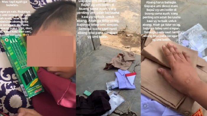 Tangkapan layar video viral ibu nangis seragam yang dibelinya untuk anak dibuang mantan suami.