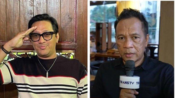 Komedian sekaligus eks personel band Stinky, Andre Taulany menanggapi somasi Ndhank Surahman soal larangan untuk membawakan lagu Mungkinkah dalam konferensi pers di daerah Ciputat, Tangerang Selatan, Selasa (9/1/2024). Andre memberikan 2 pesan ke Ndhank