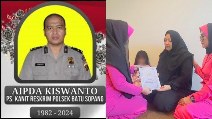 (kiri) Aipda Kiswanto  seorang polisi gugur saat bertugas mengamankan penimbun BBM ilegal, (kanan) istri Aipda Kiswanto di rumah duka, suami meninggalkan istrinya, Rosalia dan keempat anaknya yang masih bayi.