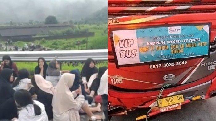 Bus parawisata mengangkut para pelajar SMP IT Darul Quran Mulia Putri, Bogor mengalami kecelakaan di Jalan Tol Lawang, Malang, Senin (23/12/2024)