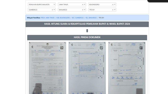 - Cek hasil Real Count KPU Pilkada Kabupaten Bojonegoro, Jawa Timur 2024, dokumen C hasil suara masuk sudah 99.9 persen, Jumat (29/11/2024).