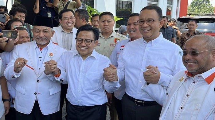 Anies Baswedan dan Muhaimin Iskandar kunjungi kantor Dewan Pimpinan Pusat (DPP) Partai Keadilan Sejahtera (PKS) di Jalan TB Simatupang, Jakarta Selatan, Selasa (12/9/2023). 
