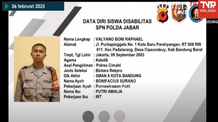 BIODATA VALYANO : Data identitas Valyano Boni Raphael siswa disabilitas SPN Polda Jabar diambil,Minggu (9/2/2025). Valyano dipecat gegara dituding gangguan Jiwa