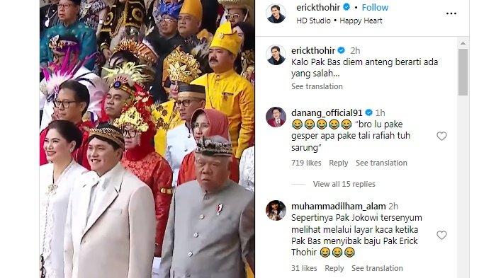 Erick Thohir menanggapi viralnya video saat ia diusilin oleh Menteri PUPR Basuki Hadimuljono saat prosesi upacara di Istana Merdeka.