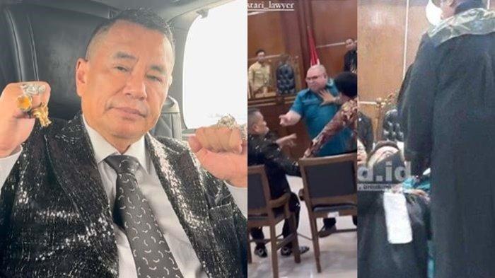 HOTMAN PARIS LAPORKAN KE MA- Kolase (kiri) Hotman Paris pada Kamis (6/2/2025). (Kanan) suasana kericuhan saat sidang pencemaran nama baik antara Razman Arif Nasution dan Hotman Paris di Pengadilan Negeri Jakarta Utara, Kamis (6/2/2025). Hotman Paris mengambil langkah tegas melaporkan aksi kericuan pihak Razman Nasution di persidangan kepada Mahkamah Agung imbas pengcara naik ke meja