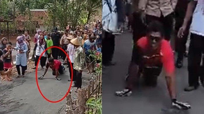 Tangkapan layar video viral warga merangkak di jalan desa yang usai diperbaiki.