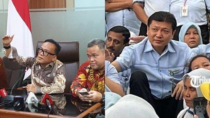 PERINTAH WAMENKER BAYAR PESANGON- Wakil Menteri Ketenagakerjaan Immanuel Ebenezer Gerungan (kiri) di kantor Kemenaker, Jakarta, Kamis (22/5/2025). Iwan Setiawan Lukminto (kanan) dengan ribuan buruh di hari terakhir bekerja pada Jumat (28/2/2025).  Komisaris Utama PT Sritex tahun 2005-2022 Iwan Setiawan Lukminto sempat lepas tanggung jawab saat ditagih membayar uang pesangon untuk mantan karyawan