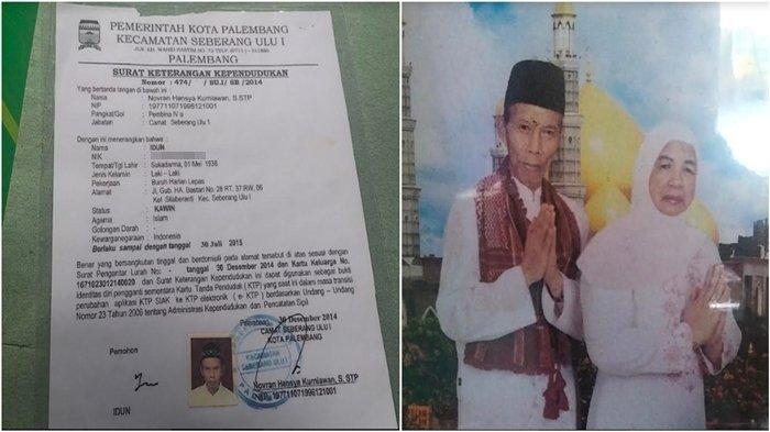 Seorang jemaah haji bernama Indu bin Rohim (84) asal Dusun 1, Desa Sukadarma, Kecamatan Jejawi, OKI dikabarkan hilang kontak sejak dua pekan lalu, Senin (10/7/2023). Indu berfoto bersama istrinya dan foto identitas diri.