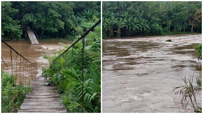 JEMBATAN GANTUNG AMBRUK-- Foto kondisi jembatan gantung ambruk di Desa Negeri Sakti, Kecamatan Cempaka, Kabupaten OKU Timur, Kamis (06/03/2025). Dampak dari hujan beberapa hari ini dan kenaikan debit air dari hulu sungai komering yang mengakibatkan jembatan gantung ambruk.