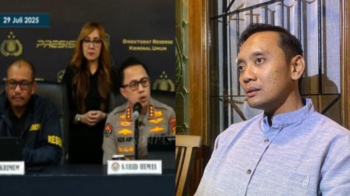 KEMATIAN ARYA DARU - (kiri) Polda Metro Jaya menggelar konferensi pers kasus kematian Diplomat Kemenlu Arya Daru Pangayunan, Selasa (29/7/2025). (Kanan) Kakak ipar Diplomat Ahli Muda Kemlu, Arya Daru Pangayunan, yakni Meta Bagus, sedang menanggapi hasil rilis penyelidikan kasus Arya Daru, di Kapanewon Banguntapan, Kabupaten Bantul, Selasa (29/7/2025). 