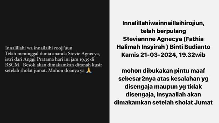 Kabar duka diumumkan oleh Violenzia Jeanette dan Anggi Pratama.
