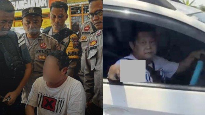 (Kanan) Sunarwan (60) pelaku mengacungkan senjata dan menembaki mobil lain di Pantura Demak, Kamis (19/9/2024) dan (Kiri) Sunarwan saat diamankan polisi.