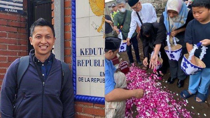 DIPLOMAT MENLU TEWAS- (kiri) Diplomat Kemenlu Arya Daru Pangayunan semasa hidup, sebelum meninggal dunia di suatu kamar kos Jalan Gondangdia Kecil No.22Menteng, Jakarta Pusat, Selasa (8/7/2025). (kanan)  pemakaman almarhum Daru di Pemakaman Sunthen, Jomblangan, Kapanewon Banguntapan, Kabupaten Bantul, Rabu (9/7/2025) . Keinginan terakhir Arya Daru rupanya ingin mengajak keluarganya liburan wisata ke Candi Borobudur, Kabupaten Magelang, Jawa Tengah, kini sirna