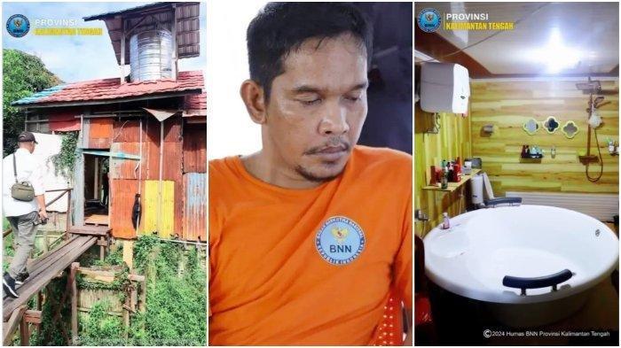 Kolase foto Salihin atau Saleh (39) bandar yang disebut-sebut 'raja narkoba' di kawasan Puntun, Palangka Raya beserta gubuk reyotnya yang berisi fasilitas mewah yang viral di media sosial.