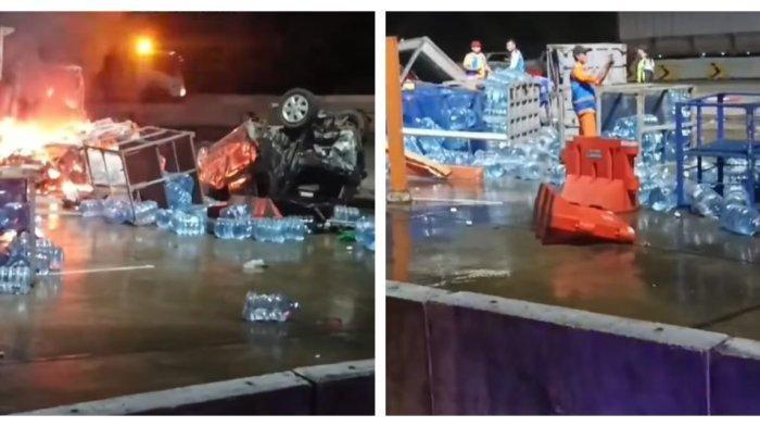 TRUK MAUT DI GT TOL CIAWI 2 - Kondisi pasca sebuah truk tronton pengangkut air mineral galon mengalami rem blong dan menabrak mobil yang sedang mengantre di Gerbang Tol Ciawi 2, Bogor, Selasa malam 5 Februari 2025 pukul 23.30 WIB, kecelakaan ini menyebabkan 8 korban tewas, sejumlah korban luka dan sedikitnya 3 kendaraan terbakar.  Begini kondisi terkini 11 korban.