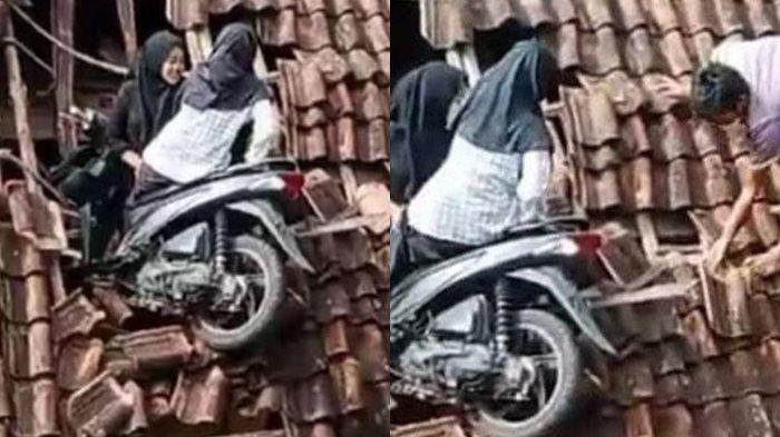 Kronologi dua bocah Sekolah Dasar (SD) motor nyungsep di genting rumah warga viral dimedia sosial.