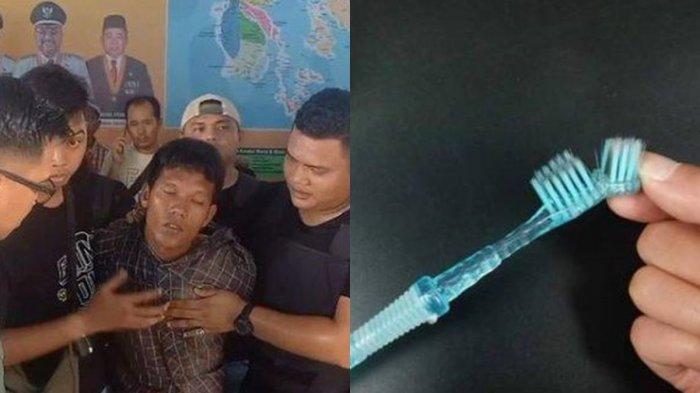 (kiri) Pelaku Iwan saat diamankan, (kanan) ilustrasi sikat gigi. Kronologi pembunuhan Risma Fatmawati (18) seorang istri dihabisi suaminya sendiri (20) di Karimun, Kepulauan Riau. sempat terlibat cekcok dengan istri