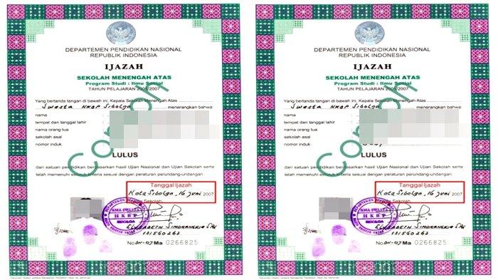 Letak Nomor Ijazah SMA biasanya di bagian dalam border ijazah diawali dengan huruf DN.